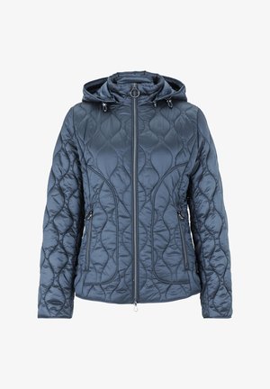 Dunkelblaue gepolsterte Jacke mit einem gesteppten Muster, Reißverschluss vorne, Kapuze mit Kordelzügen und zwei seitlichen Taschen mit Reißverschluss.