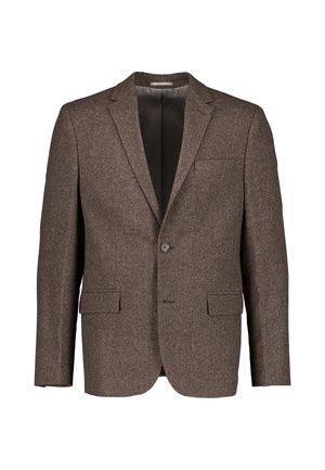 Brauner Wollblazer mit einem Knopf, Schalkragen, zwei Klappentaschen und einer Brustleistentasche, dargestellt vor weißem Hintergrund.