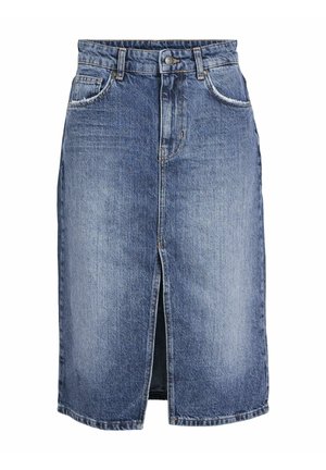 Niebieska spódnica midi z denimu z rozporkiem z przodu, pięcioma kieszeniami, zapięciem na guzik i zamek oraz wykończonym dołem. Klasyczny krój w linii A.