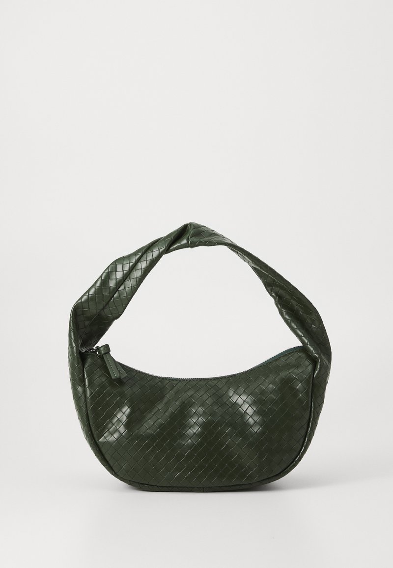 Green woven shoulder bag with a curved shape and a textured finish; features a zip closure and a thick, padded handle.