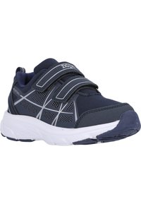 Scarpe sportive navy con accenti argentati, tessuto in rete e cinturini Velcro. Presentano una suola in gomma con battistrada e dettagli a motivo sui lati.