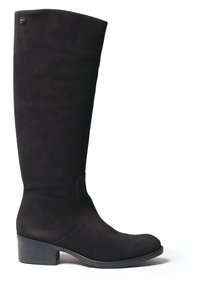 Bottes noires montantes jusqu'au genou en daim doux avec un haut légèrement courbé. Dotées d'un talon bas empilé et d'un design sans coutures.