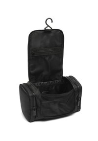 Neceser colgante negro con múltiples compartimentos, cremalleras y detalles de malla. Fabricado en tejido duradero, diseñado para un almacenamiento organizado.
