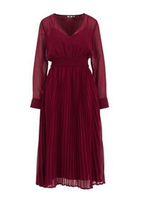 Burgundy long-sleeve dress with a V-neck, smocked waist, and pleated skirt, featuring sheer fabric for a layered appearance.