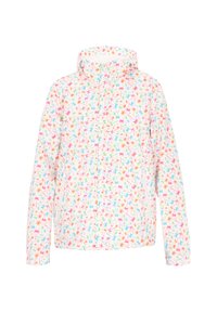 Farverig, let jakke med et blomsterdesign i pink, blå, grøn og orange på en hvid baggrund. Har en hætte og lynlås lukning.