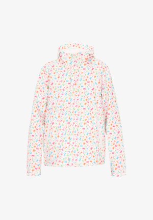 Farverig, let jakke med et blomsterdesign i pink, blå, grøn og orange på en hvid baggrund. Har en hætte og lynlås lukning.