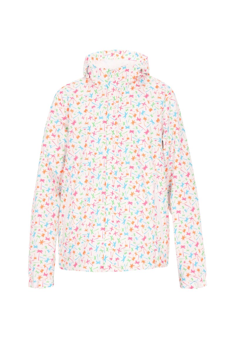 Farverig, let jakke med et blomsterdesign i pink, blå, grøn og orange på en hvid baggrund. Har en hætte og lynlås lukning.