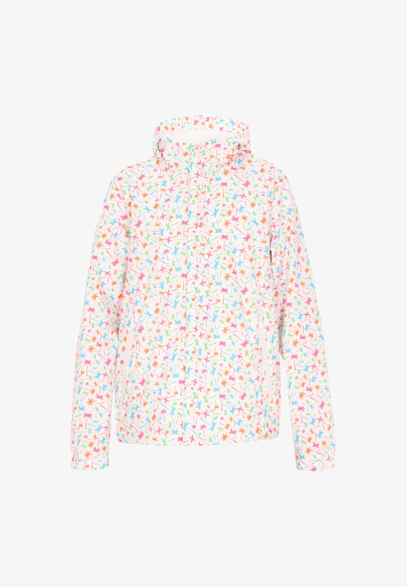 Farverig, let jakke med et blomsterdesign i pink, blå, grøn og orange på en hvid baggrund. Har en hætte og lynlås lukning.