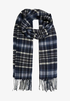 Écharpe à carreaux bleu marine avec des rayures blanches et grises, tissu doux, pliée avec des extrémités frangées pendantes.