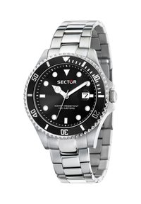 Orologio in acciaio inossidabile con quadrante nero, indici luminosi, lunetta unidirezionale e datario. Resistente all'acqua fino a 100 metri.