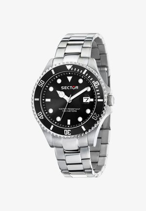 Orologio in acciaio inossidabile con quadrante nero, indici luminosi, lunetta unidirezionale e datario. Resistente all'acqua fino a 100 metri.