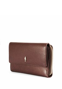 Brązowy skórzany portfel ze złotym zamkiem i małym złotym ptaszkiem na przedniej klapie, pokazany zamknięty na białym tle.