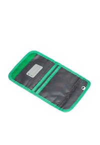 Green wallet with two card slots; made of textured material. Opened view showing a gray interior and a clear window for identification.