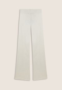 Pantaloni a zampa d'elefante in beige chiaro, realizzati in tessuto morbido. Caratterizzati da una vita senza cuciture e gambe ampie con un sottile effetto ombré.