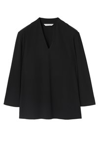 Black long-sleeve top with a V-neckline and relaxed silhouette. Made from soft fabric with clean seams and no visible patterns or accents.