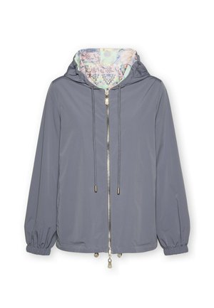 Hellgraue Reißverschlussjacke mit elastischen Bündchen, verstellbarer Kapuze mit pastellfarbenem Blumenmuster-Futter und Kordelzugverschluss.