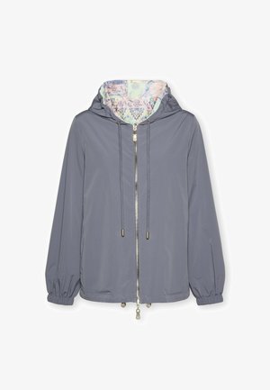 Lichtgrijs jack met rits, elastische manchetten, verstelbare capuchon met een voering in pastelbloemenpatroon en trekkoorden.