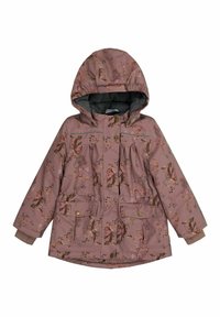 Hellrosa wasserdichte Jacke mit Kapuze, die mit Tier- und Blumenmustern verziert ist. Sie hat Druckknöpfe und zwei vordere Taschen. Weiche Innenausstattung.