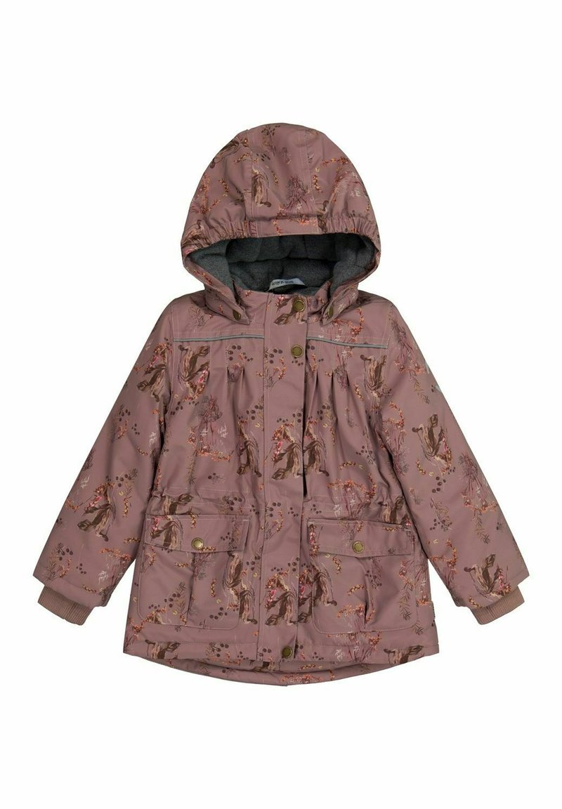 Hellrosa wasserdichte Jacke mit Kapuze, die mit Tier- und Blumenmustern verziert ist. Sie hat Druckknöpfe und zwei vordere Taschen. Weiche Innenausstattung.