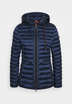 Doudoune matelassée bleu marine avec capuche, fermeture éclair à l'avant, cordons et poches latérales zippées.