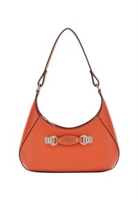 Borsa sintetica arancione con forma curva, dotata di ferrature argentate e una placchetta con logo ben visibile sul davanti. Tracolla regolabile.