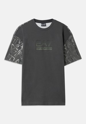Gray cotton t-shirt with short sleeves, featuring a patterned fabric on sleeves, and a central logo reading "EA7 Emporio Armani."