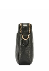 Czarna skórzana torba o teksturowanym wykończeniu, z suwakiem u góry i złotymi akcentami. Posiada przymocowany pierścień z boku.