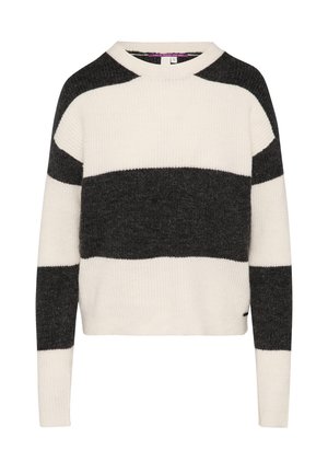 Gebreide trui met opvallende zwart-witte strepen. Ronde hals met lange mouwen en een gestructureerde afwerking. Kortere snit met minimale details.
