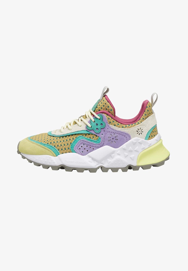 Colorful sneaker featuring a breathable mesh upper in yellow, green, purple, and pink, with a textured white sole and patterned accents.