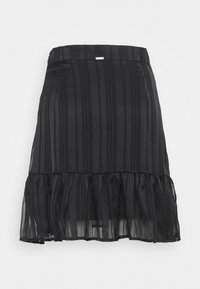 Jupe noire avec ourlet froncé transparent et rayures verticales. Comprend une ceinture élastique et un petit accent métallique sur la bande.