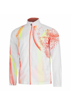 Weiße leichte Jacke mit orange-gelben abstrakten Mustern, durchgehendem Reißverschluss, Stehkragen und langen Ärmeln.