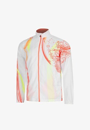 Chaqueta blanca ligera con patrones abstractos en naranja y amarillo, cremallera completa, cuello alto y mangas largas.