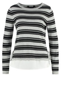 Pull à manches longues rayé aux couleurs gris, noir et blanc ; ourlet superposé blanc uni ; encolure ronde ; liens latéraux ; poignets côtelés.