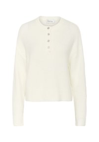 Weißer Strickpullover mit rundem Ausschnitt und drei dekorativen Knöpfen. Verfügt über gerippte Bündchen und Saum, die eine weiche Textur bieten.
