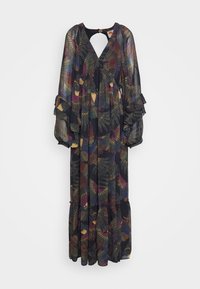 Robe longue noire avec un col en V et une découpe en forme de goutte, ornée de motifs de feuilles colorées et de manches à volants, confectionnée dans un tissu léger.