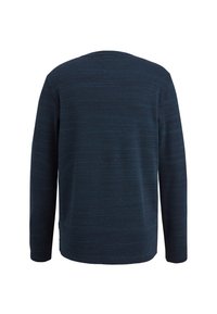 Dunkelblauer Langarmpullover aus strukturiertem Strickstoff mit Rundhalsausschnitt und dezentem Muster. Verfügt über eine lockere Passform und einen geraden Saum.