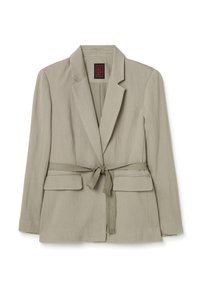 Lichtgrijze blazer van textuurstof, met een ceintuur in de taille, geklede revers en twee voorkledingzakken.