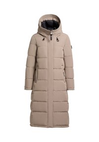 Kaki Pufferjacke mit langem Schnitt, Kapuze, gesteppter Optik und Frontreißverschluss. Verfügt über Kordelzüge und Seitentaschen. Glatte Textur.