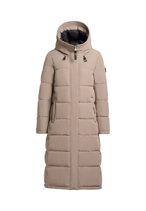 Kaki Pufferjacke mit langem Schnitt, Kapuze, gesteppter Optik und Frontreißverschluss. Verfügt über Kordelzüge und Seitentaschen. Glatte Textur.