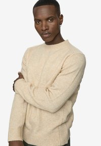 Un pull en tricot beige avec une texture douce, un col rond, des poignets et un ourlet côtelés, présentant des coutures verticales subtiles le long du corps.