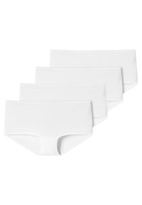 Culottes hipsters blanches en coton, avec une texture lisse et une ceinture élastique. Ensemble de quatre pièces identiques sans motifs ni accents.
