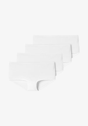Mutande hipster bianche in cotone, caratterizzate da una texture liscia e un elastico in vita. Set di quattro pezzi identici senza motivi o accenti.