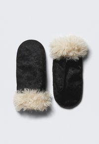 Black mittens with soft white faux fur trim. Made from textured fabric, featuring a rounded shape and open cuff design for easy wear.