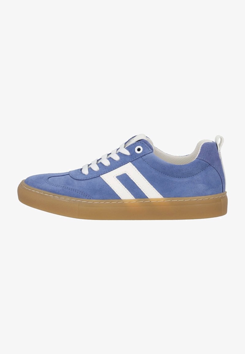 Blaue Wildledersneaker mit weißen Akzenten, ausgestattet mit einem Low-Top-Design, weißen Schnürsenkeln und einer Gummisohle für zusätzlichen Halt und Haltbarkeit.