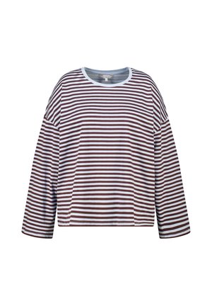 Langarmshirt met ronde hals, voorzien van horizontale witte en donkerbruine strepen en een losse pasvorm, afgebeeld tegen een effen witte achtergrond.