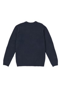 Suéter de tejido oscuro en color navy con mangas largas, puños y dobladillo acanalados, y un cuello redondo. Textura suave y diseño de espalda sin costuras.