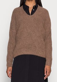 Maglione marrone a maglia con scollatura a V, maniche lunghe e vestibilità comoda. Texture morbida, abbinato a una camicia nera a bottoni sotto.