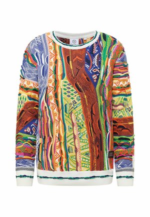 Pull en maille multicolore présentant des motifs vibrants en bleu, orange, vert et jaune. Manches longues et poignets blancs côtelés.