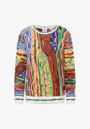 Pull en maille multicolore présentant des motifs vibrants en bleu, orange, vert et jaune. Manches longues et poignets blancs côtelés.