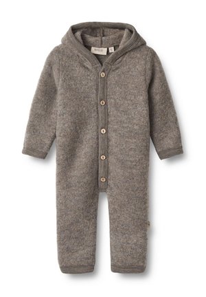 Combinaison en laine grise avec capuche, dotée d'une fermeture à boutons sur le devant et de poignets côtelés. Texture douce avec un motif uniforme.